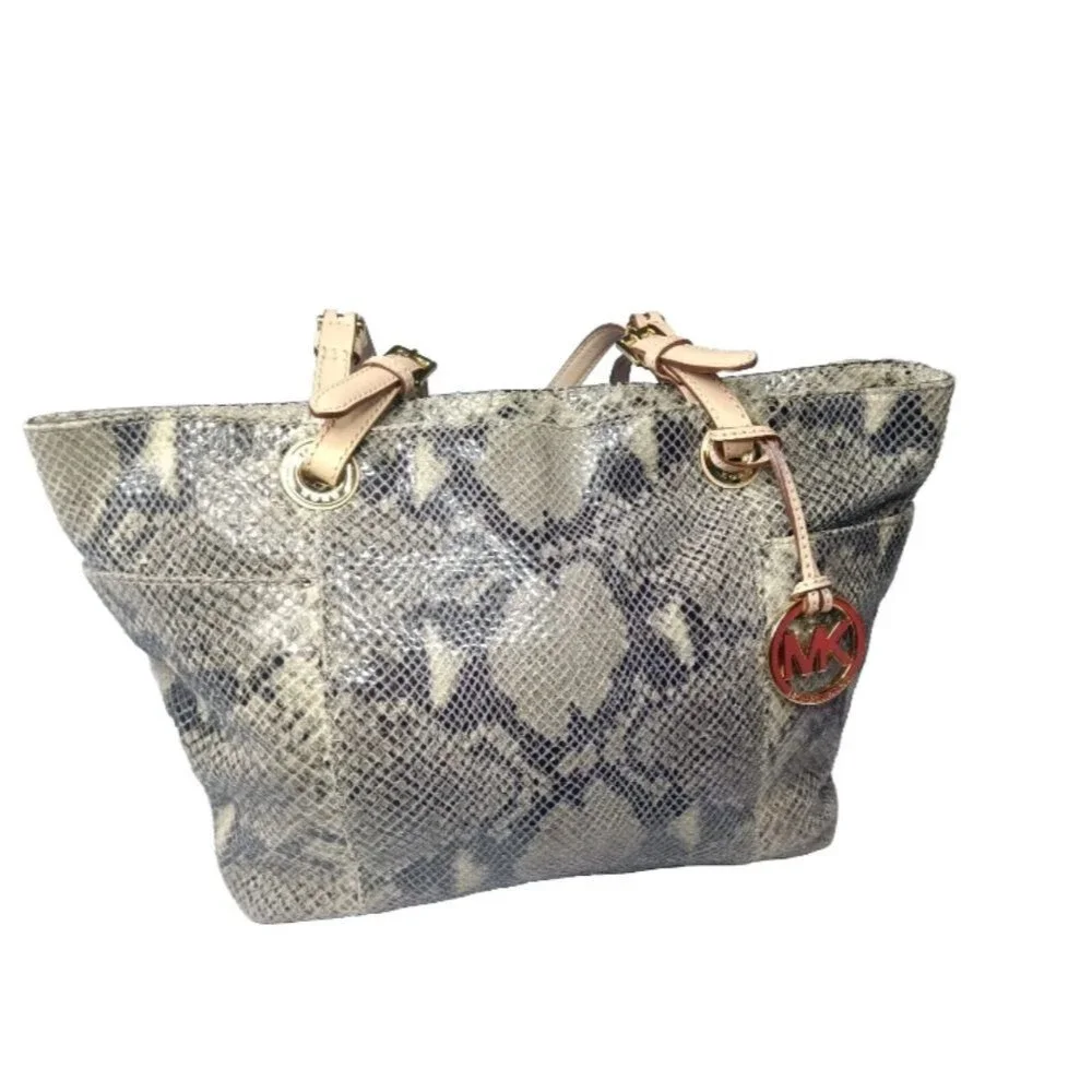 Michael Kors North South Tote Python Embossed Beige~Black Leather Handbag
